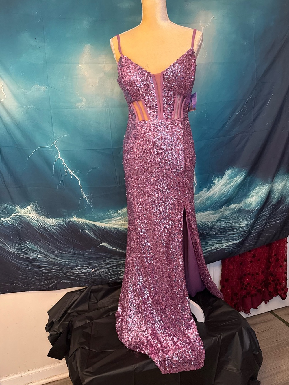 Morgan & Co. Rose Pink Sequin Prom Dress with Sheer Paneling